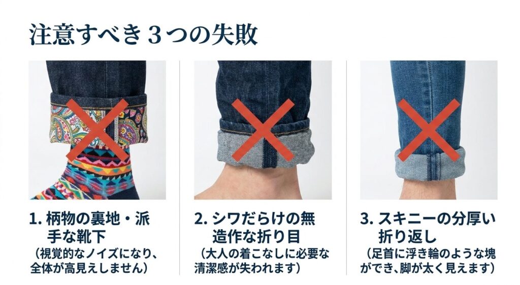 柄物の裏地や派手な靴下、シワだらけの無造作な折り目、スキニーの分厚い折り返しという3つのNG例