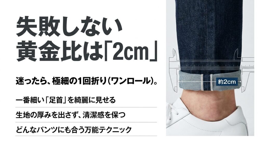 足首を綺麗に見せ清潔感を保つ、約2cmの極細1回折り（ワンロール）の解説画像