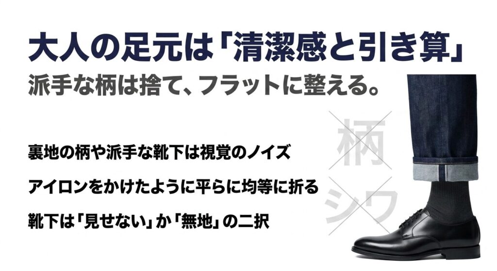 派手な柄を捨て、革靴に合わせてアイロンをかけたように平らに均等に折った大人の足元