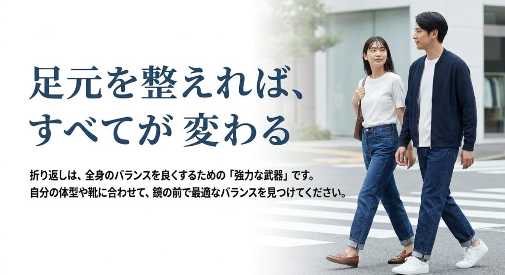 手持ちのジーンズで見違えるような抜け感を作り、鏡から2メートル離れて全身のバランスを楽しむ男女のシルエット