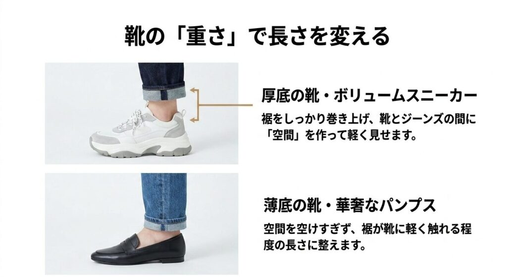 裾が完全に被さるNG例と、靴のベロが見える位置まで巻き上げて隙間を作ったOK例の比較