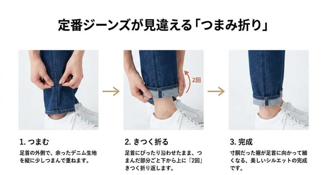 足首の外側で生地をつまみ、そのまま上に2回きつく巻き上げてテーパード風にする手順