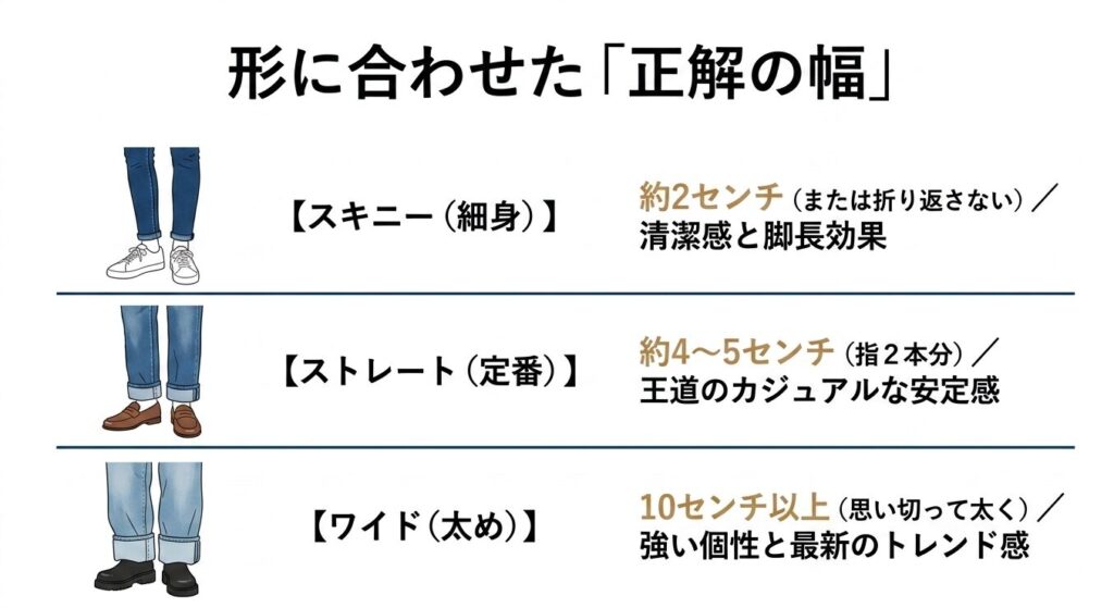 スキニーは約2センチ、ストレートは約4〜5センチ、ワイドは10センチ以上という形別の正解幅の解説表