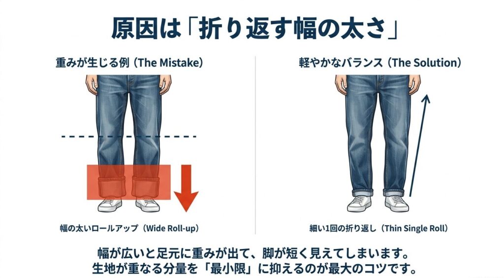 折り返す幅が広いと足元に重みが出て脚が短く見え、細いと軽やかなバランスになる比較図