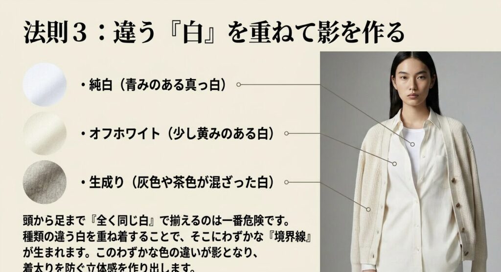 違う色味の白を重ねて影を作る着ぶくれ対策