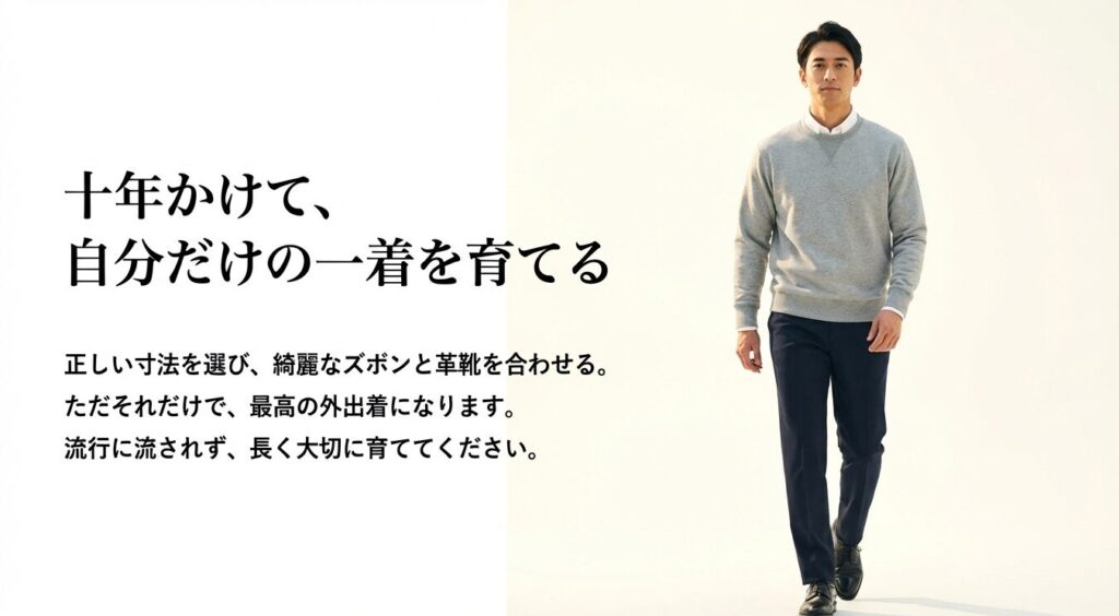 10年かけて、自分だけの一着を育てる。正しい寸法を選び、綺麗なズボンと革靴を合わせるだけで最高の外出着になると書かれたまとめのスライド