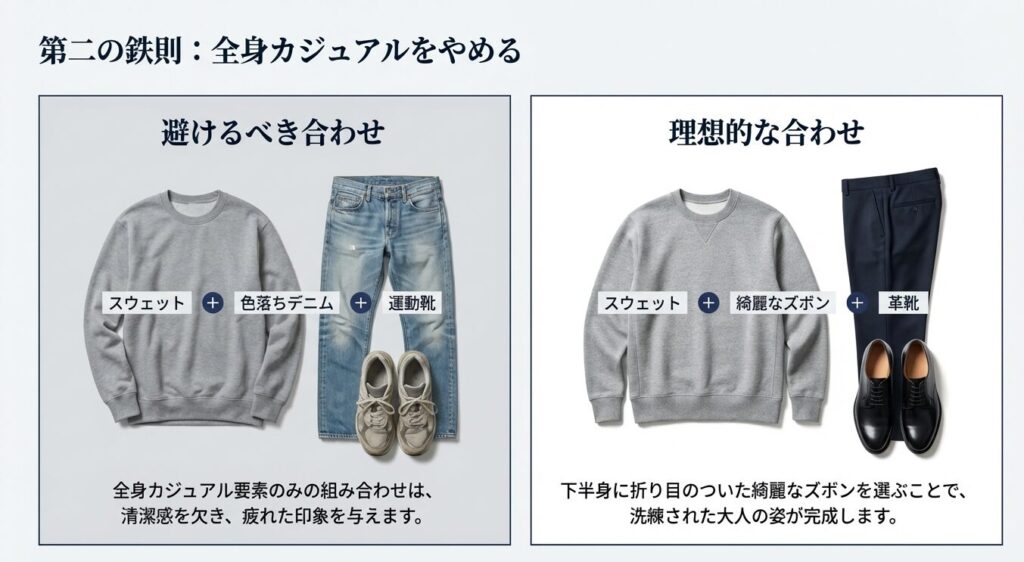 第二の鉄則：全身カジュアルをやめる。スウェットに色落ちデニムと運動靴の組み合わせは避け、綺麗なズボンと革靴を合わせる理想的なスタイルを比較したスライド