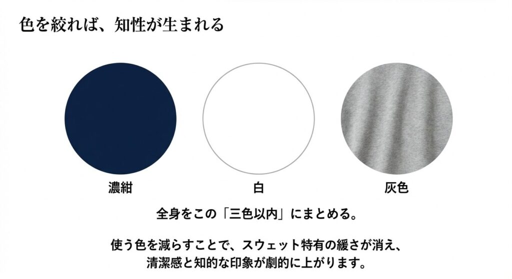 色を絞れば知性が生まれる。濃紺、白、灰色の3色以内にまとめることでスウェット特有の緩さが消え清潔感が上がると解説したスライド
