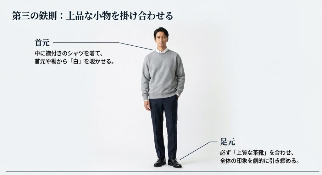 第三の鉄則：上品な小物を掛け合わせる。首元から白シャツを覗かせ、足元には上質な革靴を合わせるテクニックを解説したスライド