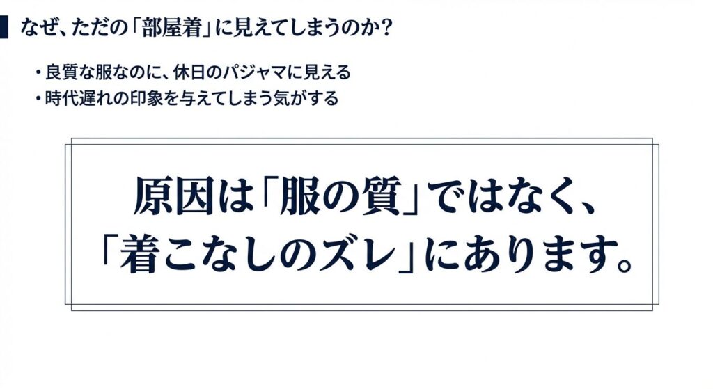 なぜ、ただの部屋着に見えてしまうのか？原因は服の質ではなく着こなしのズレにあると解説したスライド