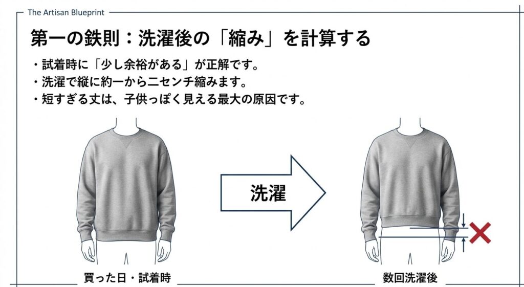 第一の鉄則：洗濯後の縮みを計算する。洗濯で縦に約1から2センチ縮むため、短すぎる丈は子供っぽく見える最大の原因と解説した図解スライド