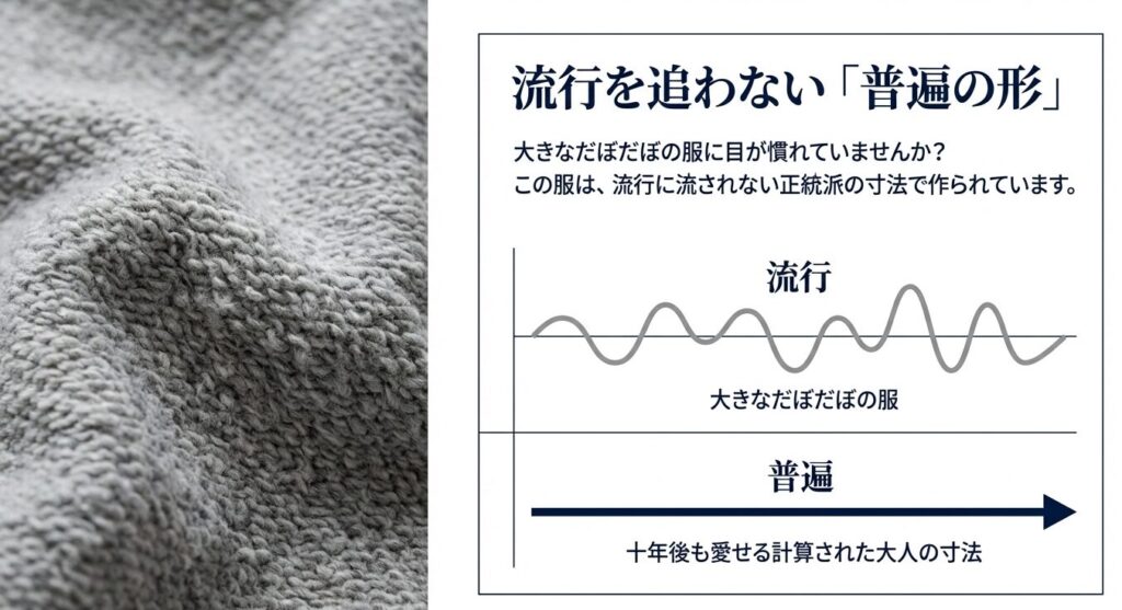 流行を追わない普遍の形。大きなだぼだぼの服に目が慣れていませんか？10年後も愛せる計算された大人の寸法と書かれたスライド