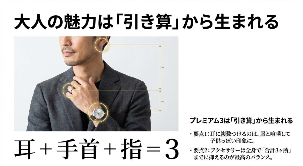 時計、指輪、ピアスの合計3ヶ所に抑えた大人の男性のコーディネート例
