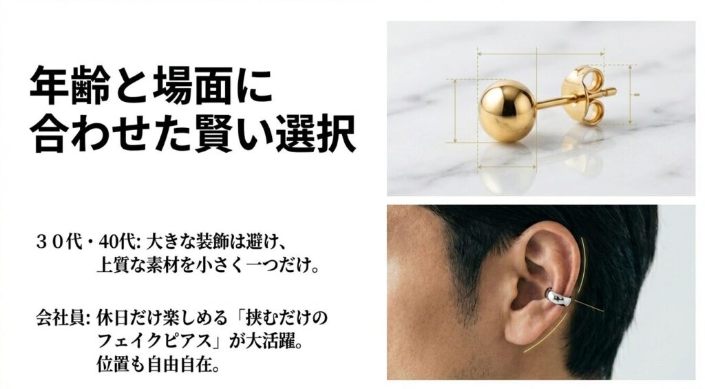 穴を開けずに楽しめるゴールドのスタッドピアスとシルバーのイヤーカフの着用画像