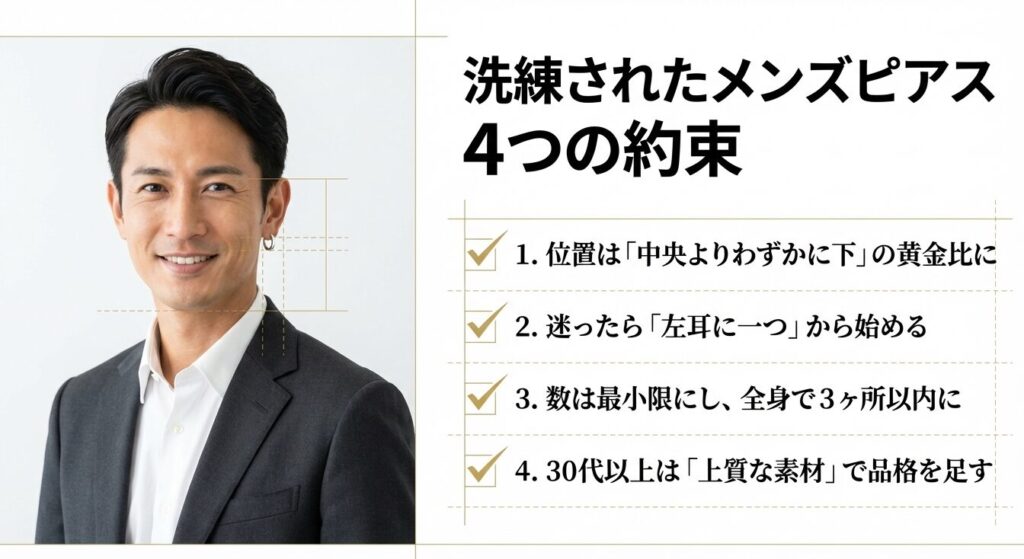 黄金比や左耳のルールなど、洗練されたメンズピアスをつけるための4つの約束と笑顔の男性