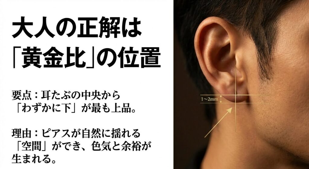 耳たぶの中央からわずかに下1〜2mmの黄金比を示す図解