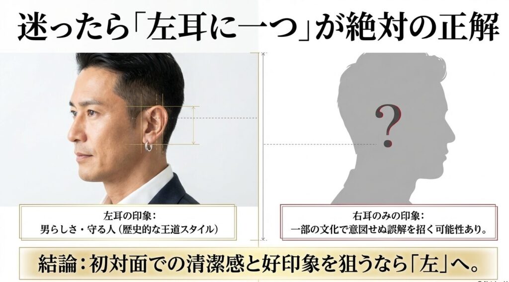 左耳にフープピアスをつけた男性の横顔と男らしさの解説