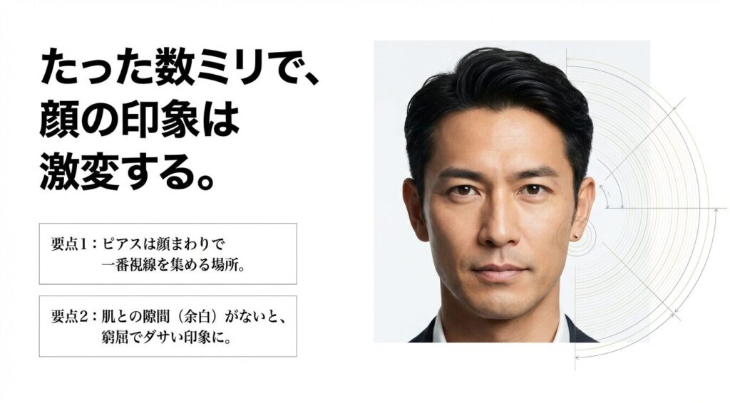 ピアスの位置と顔の黄金比を示す男性の顔写真と図解
