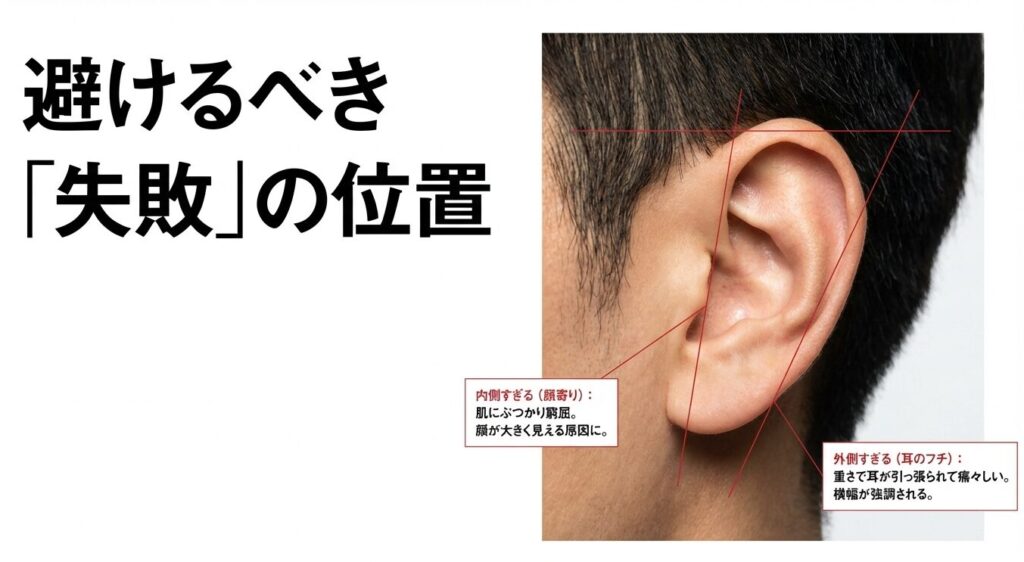 内側すぎる位置と外側すぎる位置のデメリットを解説したスライド