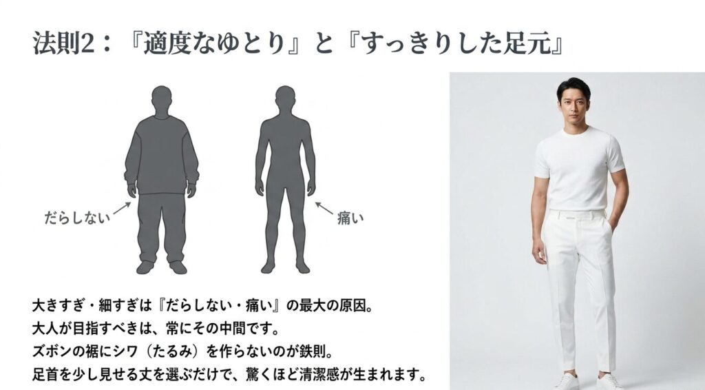 メンズの痛い白コーデを回避する適度なゆとりとすっきりした足元の法則