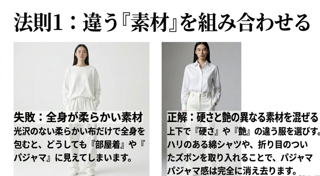 パジャマ感を消す異素材を組み合わせる全身白コーデの法則