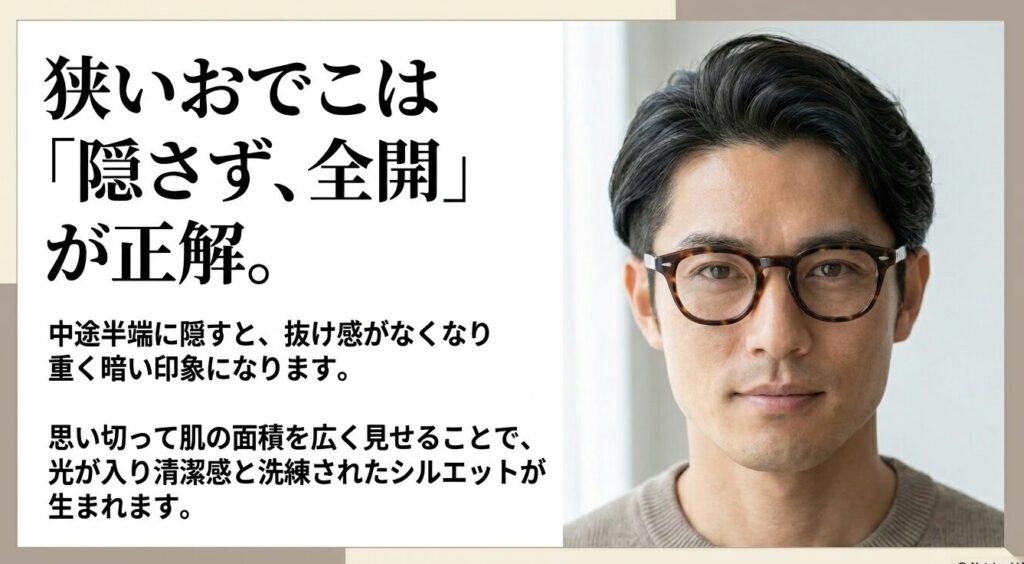 狭いおでこは中途半端に隠さず全開にすることで、光が入り清潔感と洗練されたシルエットが生まれるという解説