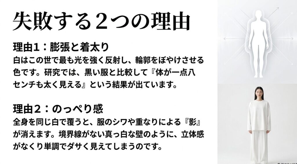全身白コーデが失敗する2つの理由（膨張色とのっぺり感）