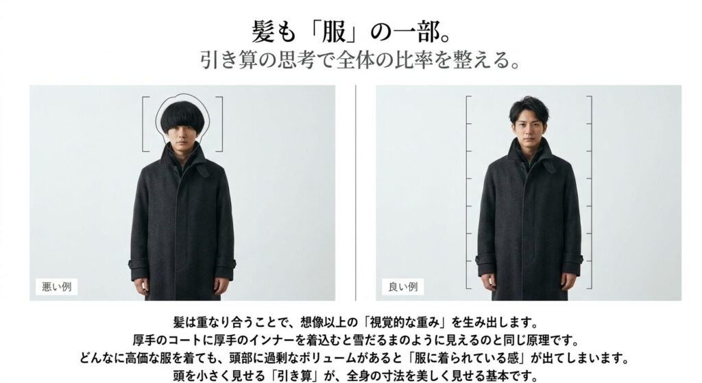 厚手のコートに対して頭部のボリュームを抑え、服に着られている感をなくして全体の比率を美しく見せる良い例と悪い例