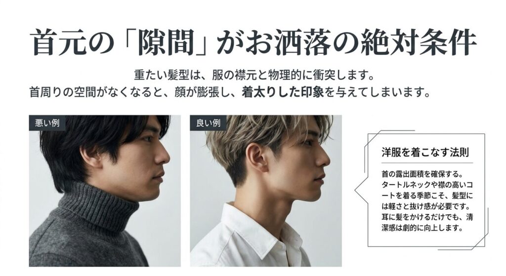 タートルネックに髪がぶつかる悪い例と、首の露出面積を確保して抜け感を出した良い例の比較