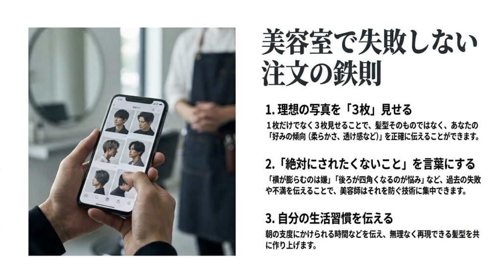 理想の写真を3枚見せる、絶対にされたくないことを伝える、生活習慣を伝えるという失敗しないオーダー3ヶ条