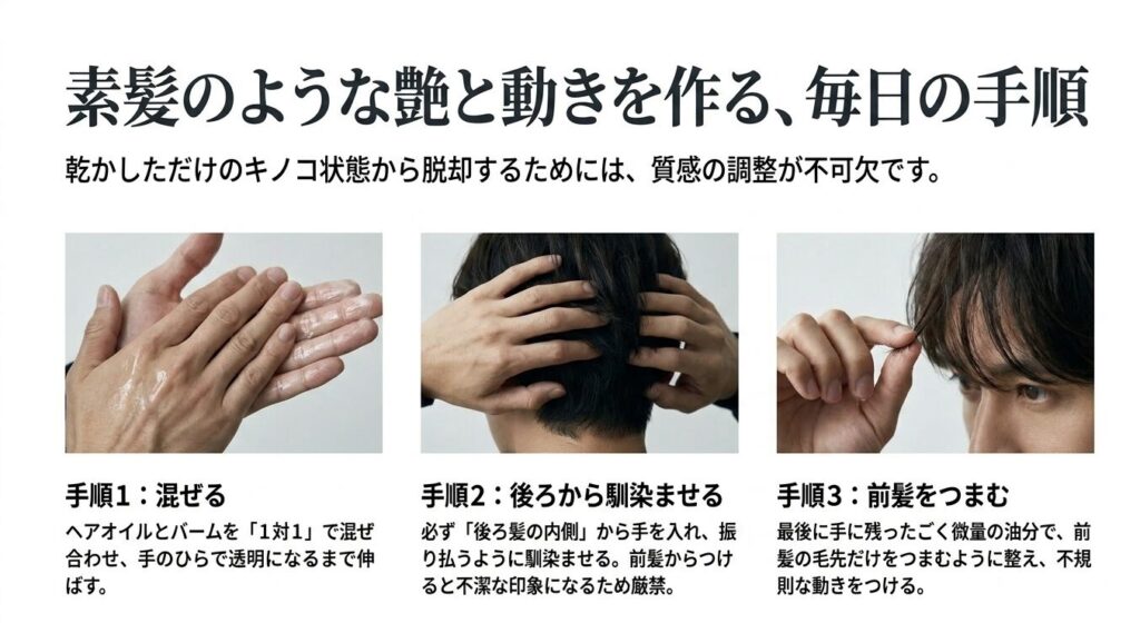 オイルとバームを1対1で混ぜ、後ろ髪の内側から馴染ませて、前髪の毛先をつまむ3ステップの手順