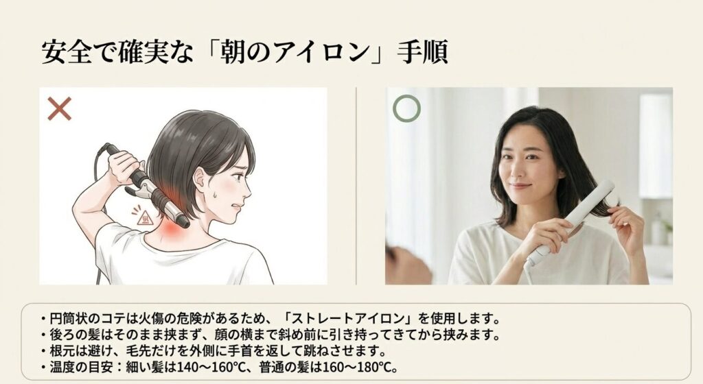 火傷を防ぐためにストレートアイロンを使ってボブの毛先を外ハネにする安全な手順