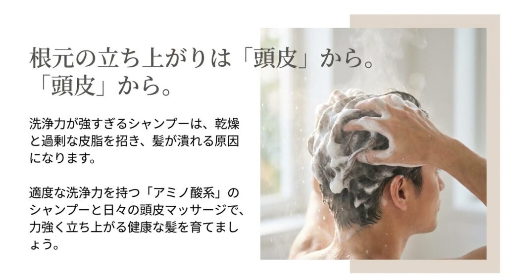 根元の立ち上がりを作るための頭皮ケア。アミノ酸系シャンプーによる洗髪と頭皮マッサージのイメージ