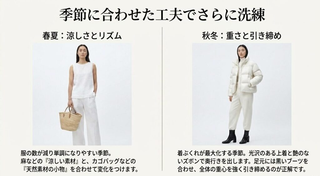 春夏と秋冬、季節に合わせた白コーデの素材と小物の工夫