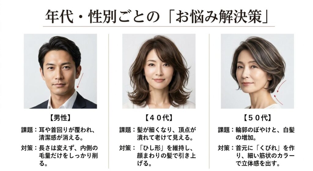 男性、40代女性、50代女性それぞれのウルフ伸ばしかけにおける課題と対策のまとめ