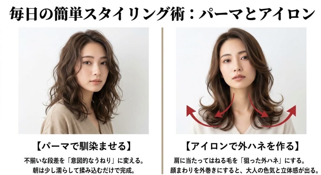パーマでうねりを馴染ませたスタイルと、アイロンで外ハネを作ったスタイルの女性の比較画像