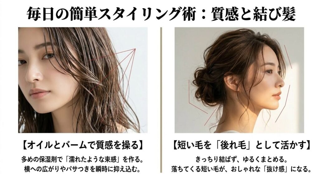 オイルとバームで濡れたような束感を作ったヘアスタイルと、後れ毛を活かした結び髪のアレンジ画像