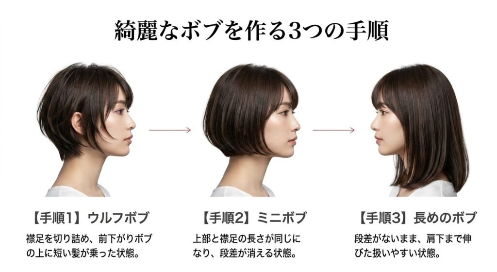 ウルフボブ、ミニボブ、長めのボブへと段階的に移行する3つの手順を示す女性の横顔の比較画像