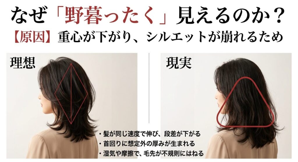 髪が伸びて重心が下がり、シルエットが末広がりの三角形に崩れている女性の後ろ姿