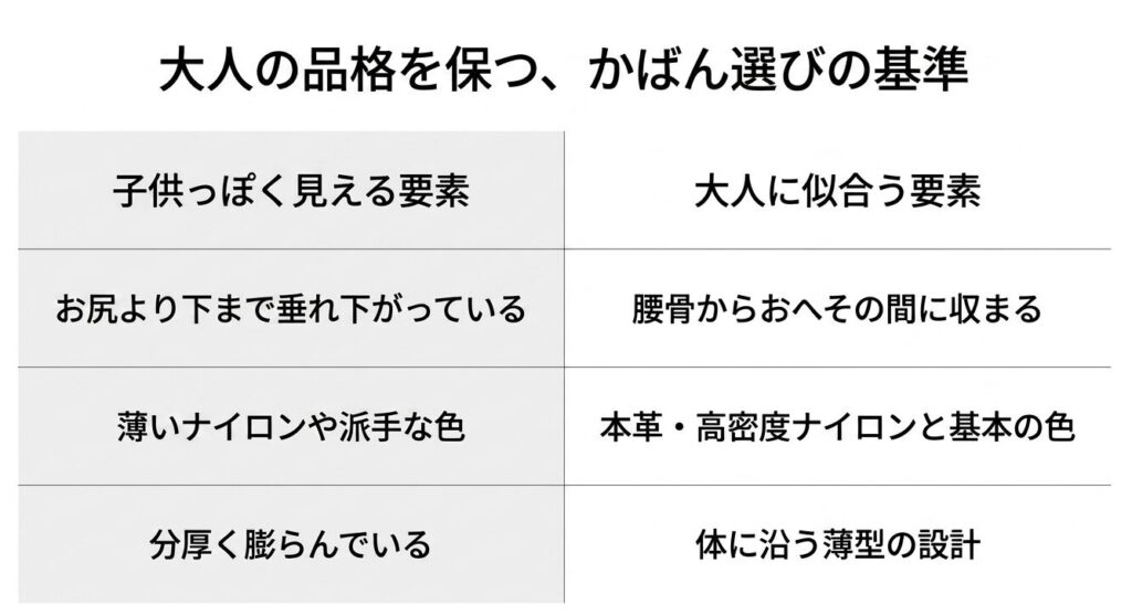 子供っぽく見える要素と大人に似合う要素の比較表（位置、素材、厚み）