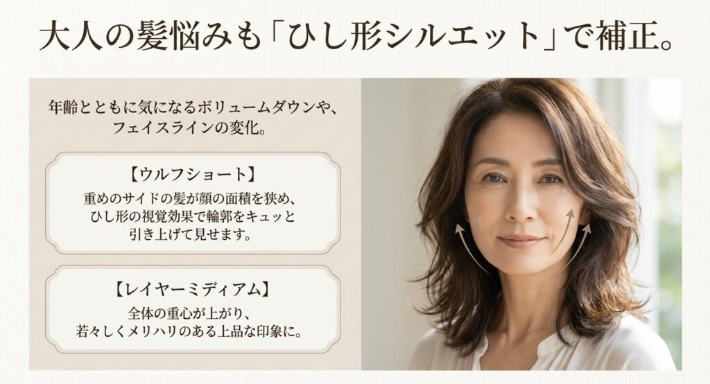 年齢によるボリュームダウンや輪郭の変化を、ひし形シルエットで若々しくリフトアップして見せる大人向けウルフカット