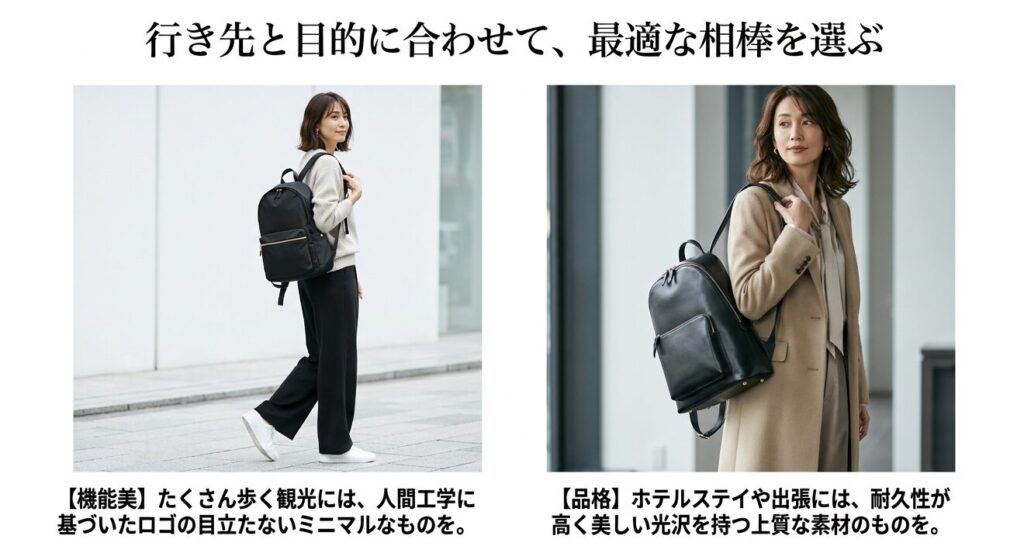 行き先や目的に合わせてアウトドアナイロンと上質レザーのリュックを選ぶ女性たち