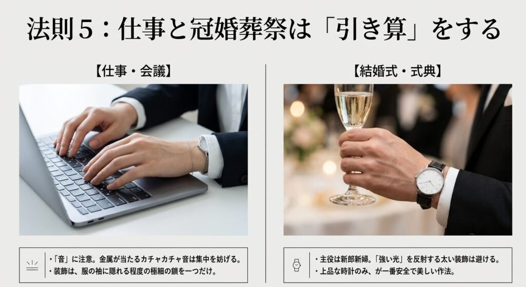 ビジネスのタイピング時や結婚式などでの腕時計・ブレスレットの適切な引き算マナー
