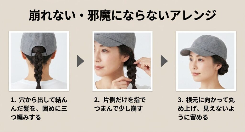 穴から出した髪を三つ編みにして崩し、根元に向かって丸めて留めるシニヨンアレンジの手順