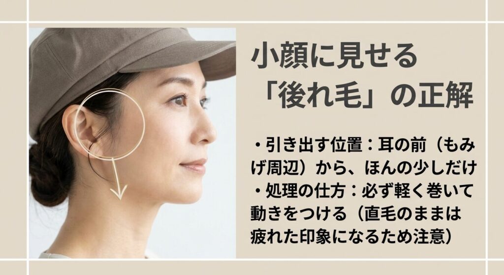 耳の前から後れ毛を少し引き出し、軽く巻いて動きをつける小顔効果のポイント