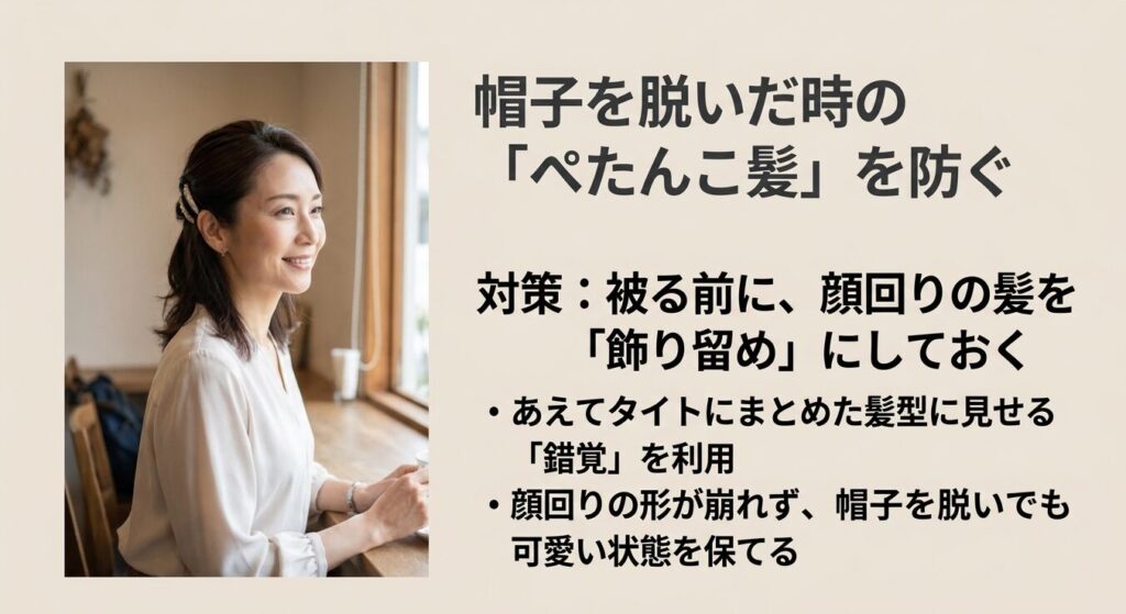 顔周りの髪を飾り留めにして、帽子を脱いだ後もタイトなアレンジに見せるテクニック