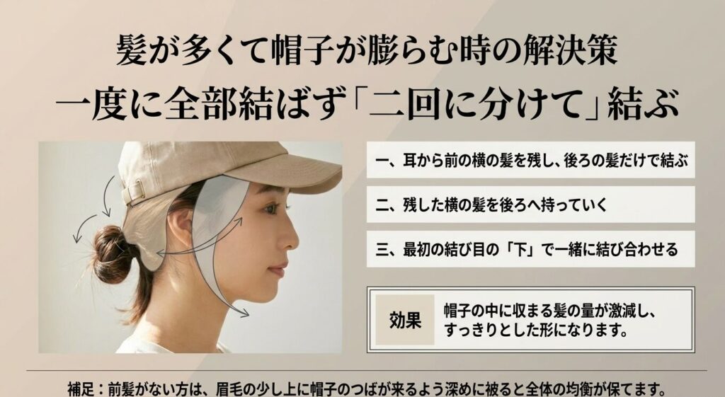 耳より後ろの髪だけで結び、残した横の髪を後から結び目の下で合わせる多毛向けの空間を分けるテクニック