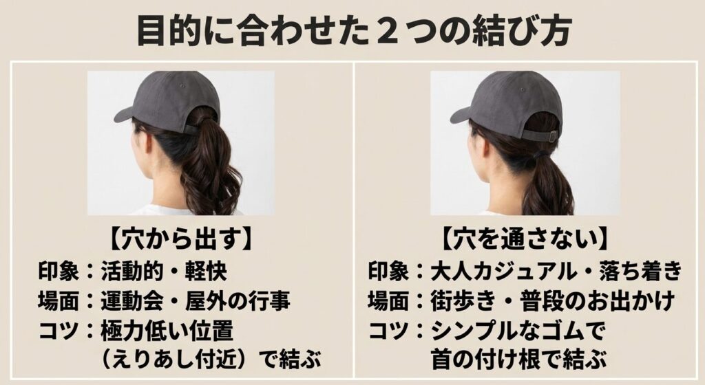 キャップの穴から出す活動的な結び方と、穴を通さない大人カジュアルな結び方の比較
