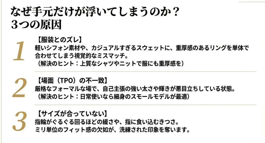 手元だけが浮いてしまう3つの原因（服装とのズレ、TPOの不一致、サイズ）