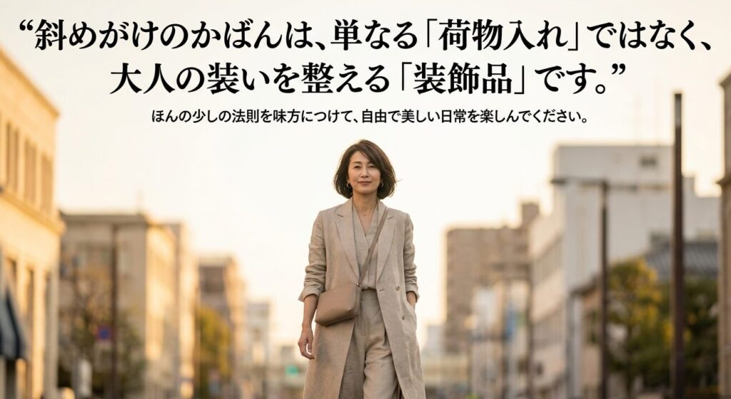 斜めがけのかばんは、単なる「荷物入れ」ではなく、大人の装いを整える「装飾品」です。